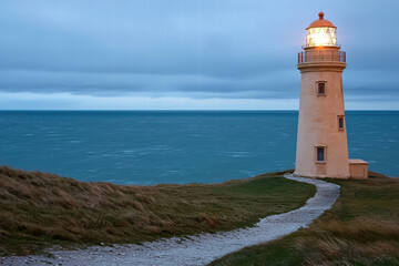 Lighthouse beam guiding across calm sea at dusk, solitary beacon on grassy cliff providing serene hope