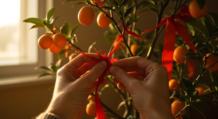 Hands Decorating a Kumquat Tree with Vibrant Red Ribbons, a Symbol of Good Luck and Prosperity for Lunar New Year Celebrations.
