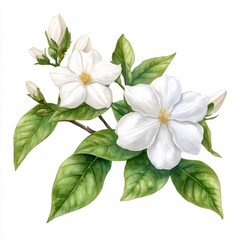 白いジャスミンの花と緑の葉のイラスト