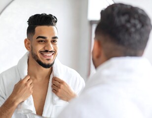 Obraz premium Man in a bathrobe looking at his reflection in a bathroom mirror