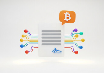 Digital signature with bitcoin symbol and network connection