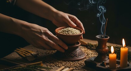 Hands Performing a Traditional Ritual with Incense Sticks and Offering Grains in a Clay Bowl, Surrounded by Lit Candles and Rustic Elements.