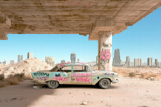 Graffiti covered classic car parked under concrete overpass in desert with distant futuristic city skyline, vibrant and lonely