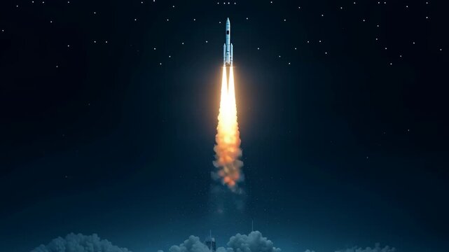 A rocket launching into the night sky with clouds below.