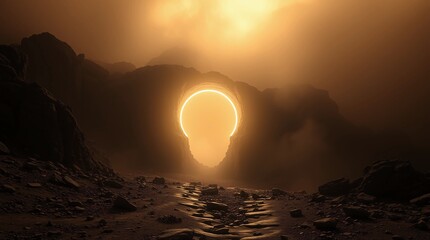Glowing stargate portal in surreal landscape with ethereal light and rugged terrain&rdquo;Fantastic Frontiers Digital Artwork series ar 16:9

