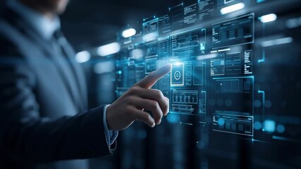 A businessman interacting with a digital interface in a tech environment. - Powered by Adobe