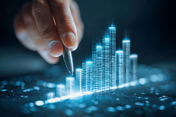 Businessman using a pen to interact with a futuristic glowing digital bar chart representing data analysis and financial growth in a digital environment