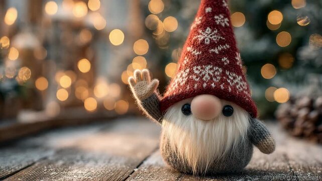 A charming Christmas gnome toy symbolizing the holidays against a festive bokeh background.