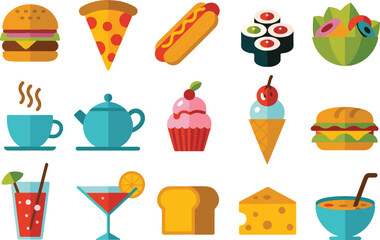 Collection of colorful flat icon illustrations depicting various delicious food and beverage items