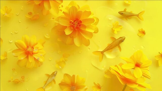 A vibrant bouquet of yellow flowers adorned with tiny fish creates a lively and playful atmosphere. Perfect for summertime or nature-inspired designs.