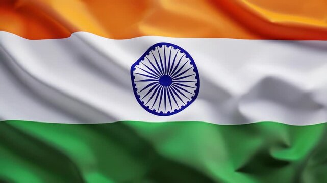 Vibrant national flag of India fluttering in the breeze with sky background.