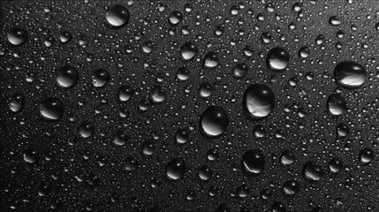 Raindrops rest on a dark surface each droplet reflecting light. The close-up reveals the intricate patterns and textures created by the water. A serene moment captured in time.