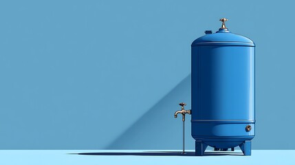 Sleek and Engineered Blue Water Storage Tank with Faucet in a Flat Vector Aesthetic Showcasing Modern Cylindrical Form.