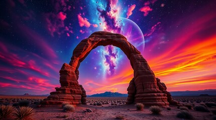 Celestial archway in surreal psychedelic landscape with vibrant electric skies&rdquo;Fantastic Frontiers Digital Artwork series ar 16:9
