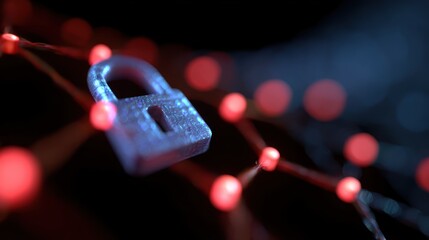 An illustration of a cybersecurity concept, with a digital padlock protecting a network of glowing nodes from malicious code.