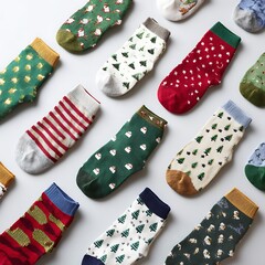 Patterned Christmas socks displayed on white surface