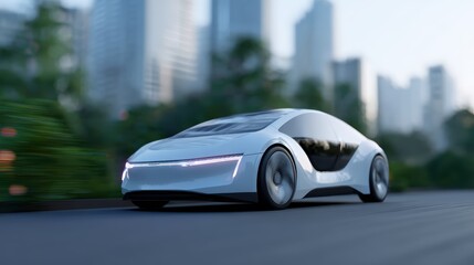 Fototapeta premium A photorealistic image of a sleek, autonomous electric car driving through a clean, eco-friendly city of the future.