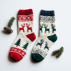 Pair of colorful Christmas socks on white surface