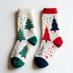 Pair of colorful Christmas socks on white surface