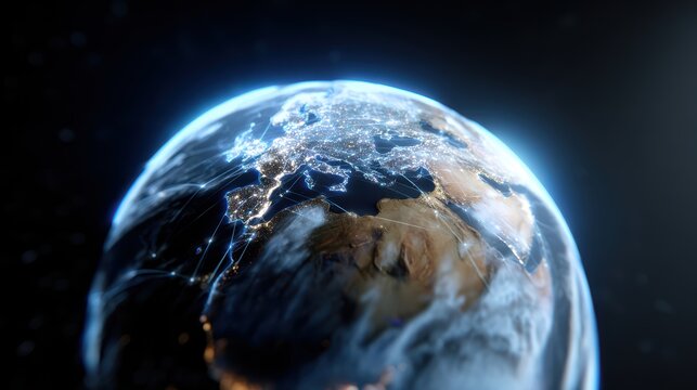 An image of a glowing, three-dimensional earth with a network of data lines connecting all the continents.