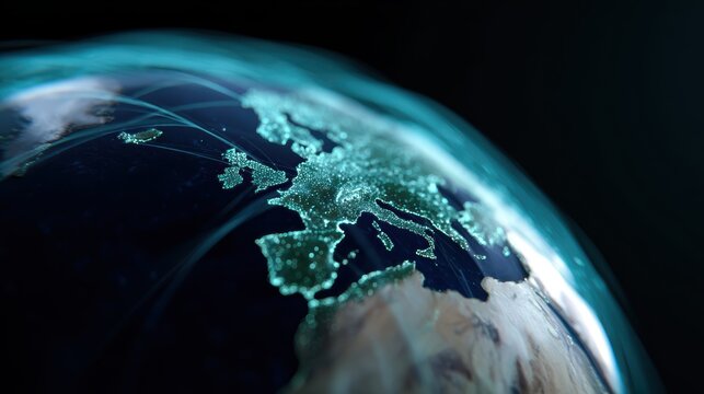 An image of a glowing, three-dimensional earth with a network of data lines connecting all the continents.