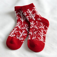 Red Christmas socks with white patterns on white surface
