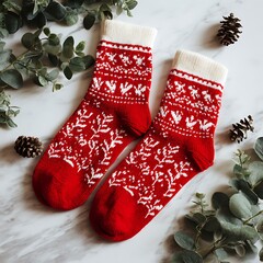 Red Christmas socks with white patterns on white surface
