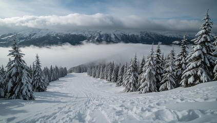 A wide ski slope covered in fresh snow cuts through a forest of snow-laden pine trees, with fog and distant mountains visible under a cloudy sky.