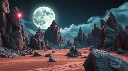 Futuristic rocky landscape under glowing moon with iridescent metallic textures and surreal psychedelic sky&rdquo;Fantastic Frontiers Digital Artwork series ar 16:9
