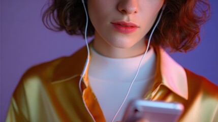 A stylish photograph of a young woman using a smart device to control the music and lighting in her apartment.