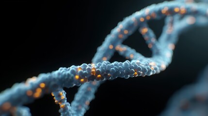 A close-up of a DNA helix made of glowing, interconnected nodes, representing genetic engineering and data.
