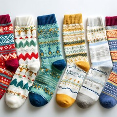 Colorful patterned Christmas socks on plain white background