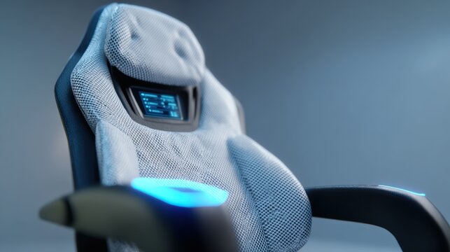 A realistic render of a futuristic office chair with built-in biometric sensors and a holographic control panel.