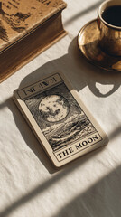 Single tarot card "The Moon" placed on clean white desk, copy space around.