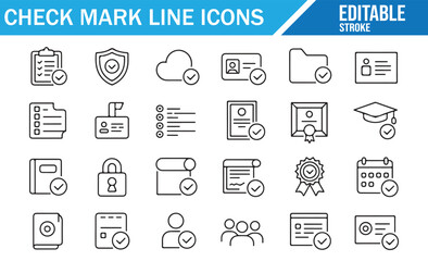 Editable Stroke Check Icons — Approval, Compliance, Security, and Document Symbols