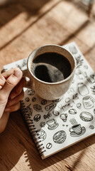 Notebook with doodles of coffee symbols next to half-empty cup.