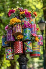 Colorful flower arrangements in repurposed tin cans adorn a decorative street post.