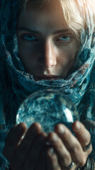 Mystical fortune teller with scarf covering hair, looking at crystal ball, cinematic light.
