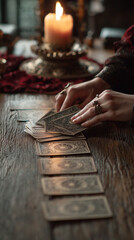 Close-up of woman’s hands spreading tarot cards on wooden table, warm candlelight.
