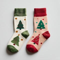 Pair of festive Christmas socks displayed on blank surface