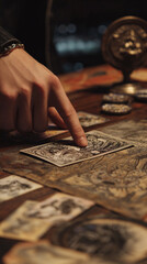 Close-up of hand pointing at tarot card during fortune telling session.