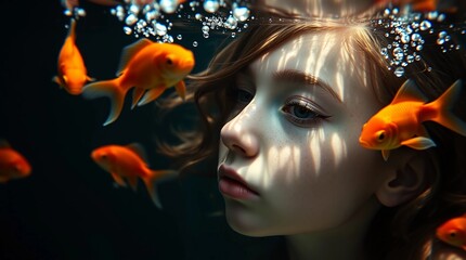 Freckled girl in magical underwater world with vibrant goldfish and dreamy lighting&rdquo;Fantastic Frontiers Digital Artwork series ar 16:9

