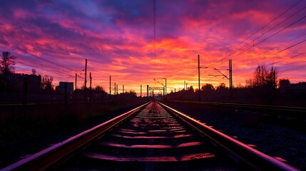 Vibrant sunset reflecting on railway tracks by the countryside with a silhouette of distant buildings.