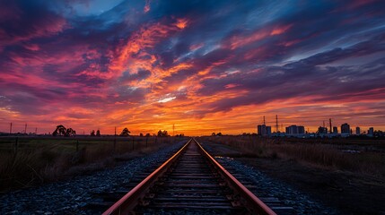 Vibrant sunset reflecting on railway tracks by the countryside with a silhouette of distant buildings.