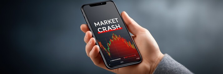 Close up of hand holding smartphone showing collapsing stock chart with red market crash text on screen, dark gradient background, concept of financial crisis and economic downturn