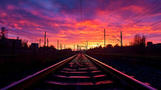 Vibrant sunset reflecting on railway tracks by the countryside with a silhouette of distant buildings.