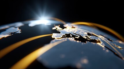 A conceptual image of globalization, with a stylized map of the world connected by glowing data lines.