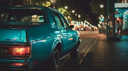 Vintage Teal Car Night City Street Closeup.