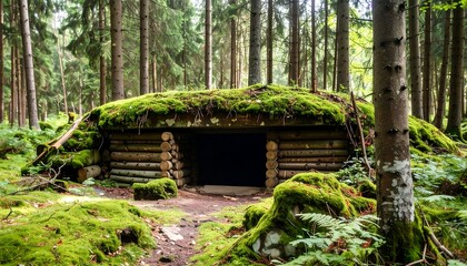 Wooden hut nestled in a mossy forest