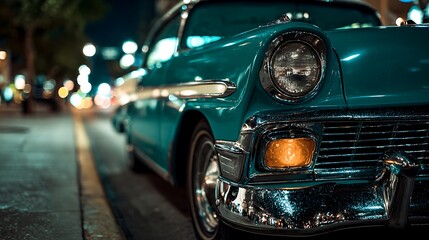 Vintage Teal Car Night City Street Closeup.